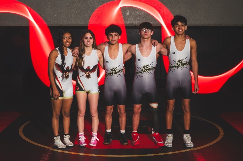 JCC State Wrestling Qualifiers: Alejandra, Haylee, Erik, Caden, and Juan